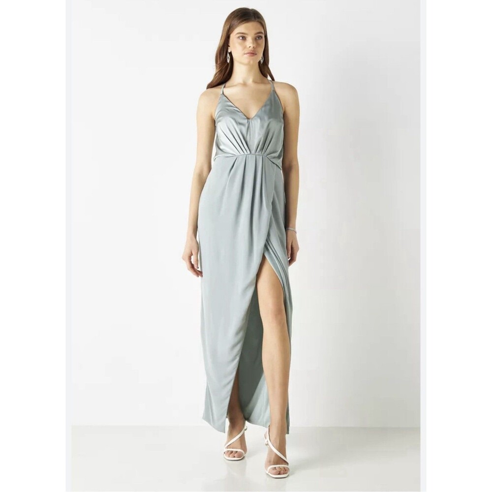 TFNC Tall bridesmaid satin halterneck top maxi dress in sage Size 8
